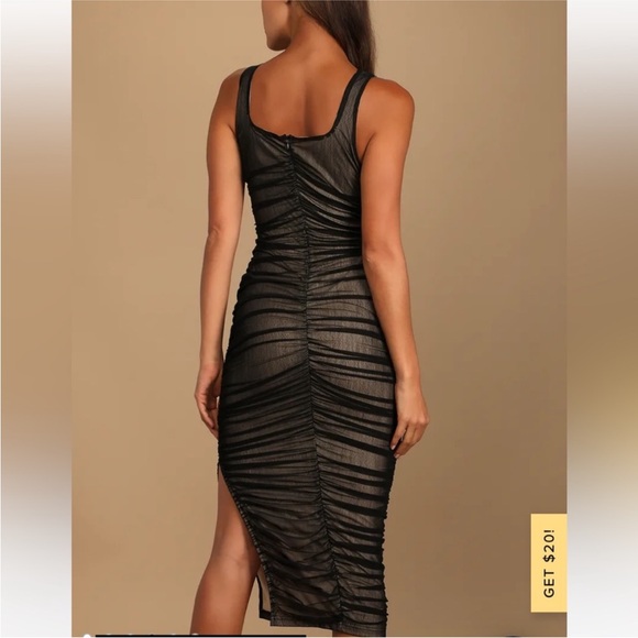 NWT Lulus V.I.P. Treatment Black Mesh Ruched Bodycon Midi Dress Medium - Picture 2 of 7